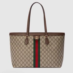 Ophidia large tote bag.    
Gucci Beige and Brown Tote with Green and Red Stripe